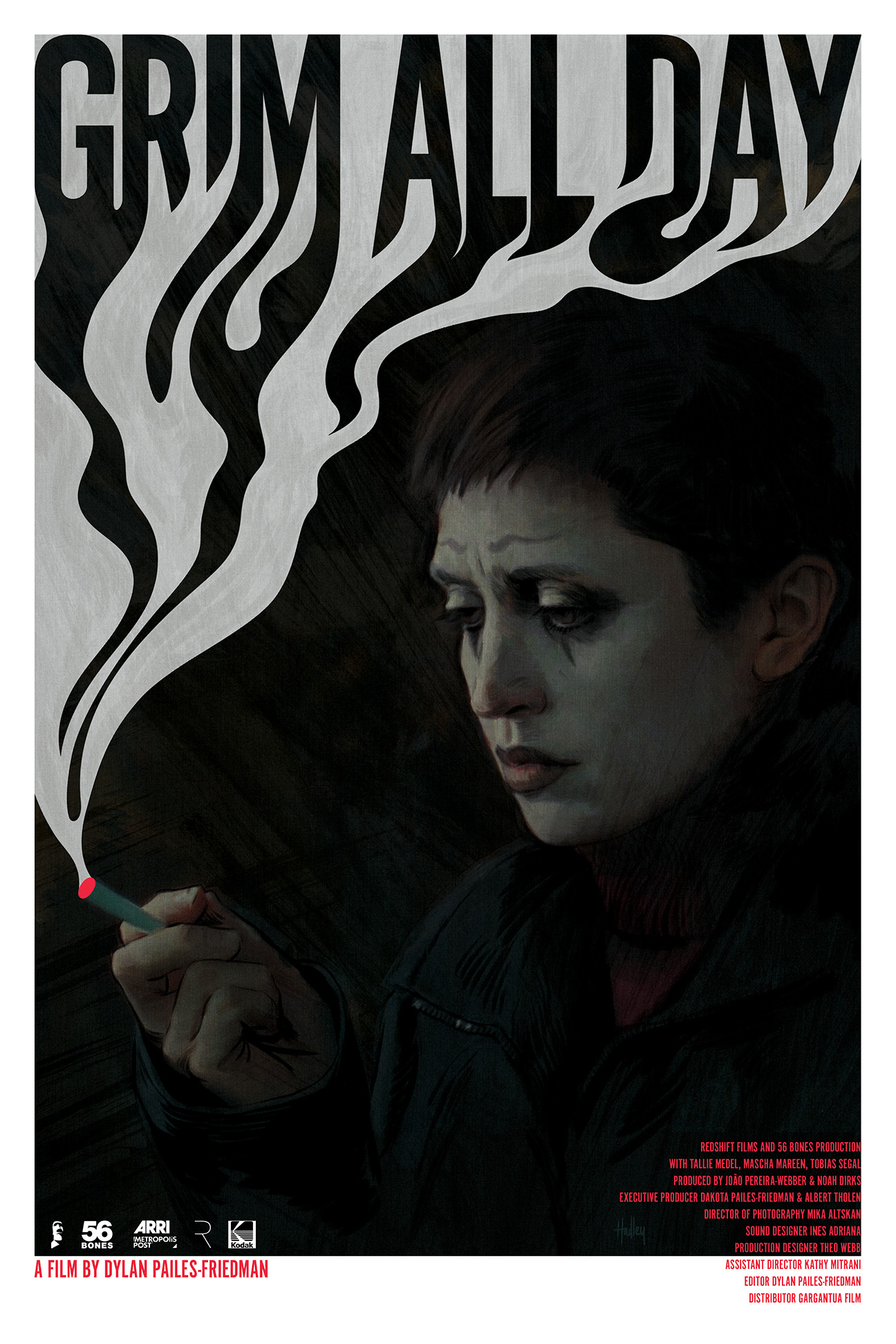 Poster for the short film 'Grim All Day' featuring the protagonist wearing white makeup, almost reminiscent of a goth-mime, and smoking a cigarette that is emitting a plume of drawn smoke that holds the title stylized in a bold sans-serif font 